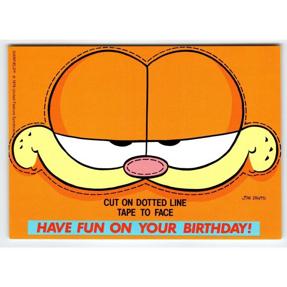 Vintage Garfield Birthday Postcard "Cut on Dotted Line Tape to Face" Mask Unused - Picture 1 of 2